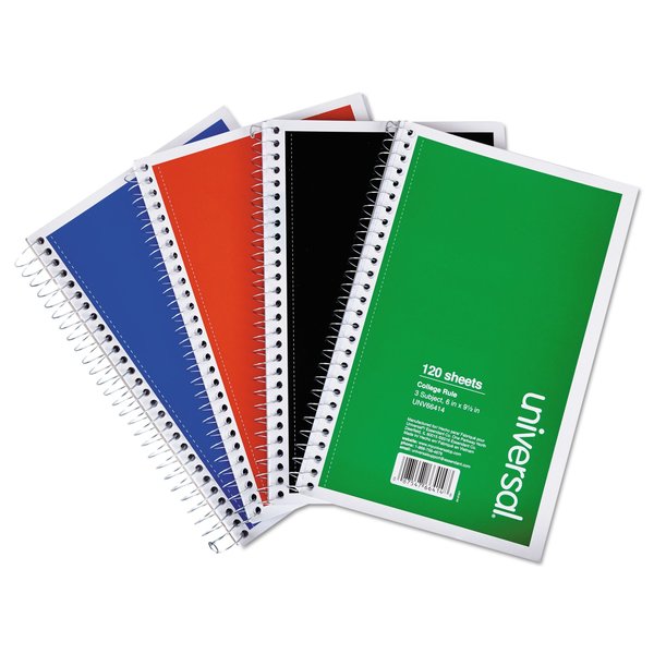 Universal Wirebound Notebook, 3 Sub, Med/Coll, Assorted, 9.5 x 6, 120 Shts, PK4 UNV66414